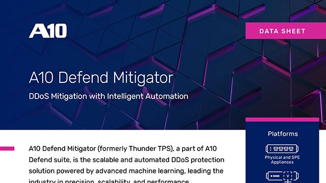 Screenshot of data sheet document, titled A10 Defend Mitigator: DDoS Mitigation with Intelligent Automation